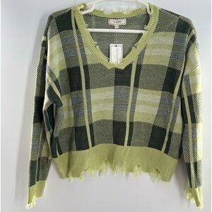 NO COMMET CROP DISTRESSED GREEN PLAID V-NECK SWEATER NEW